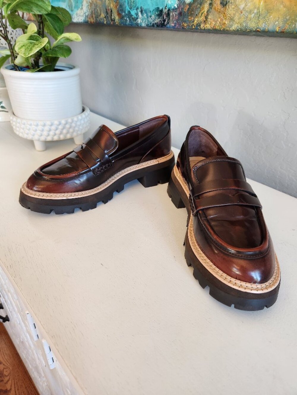 Gianni Bini Barkley Brown Leather Platform Lug Sole Penny Loafers | Size 6.5